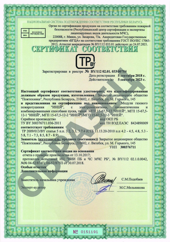 Сертификат на модули МГПУ-67,5 ИНЕЙ